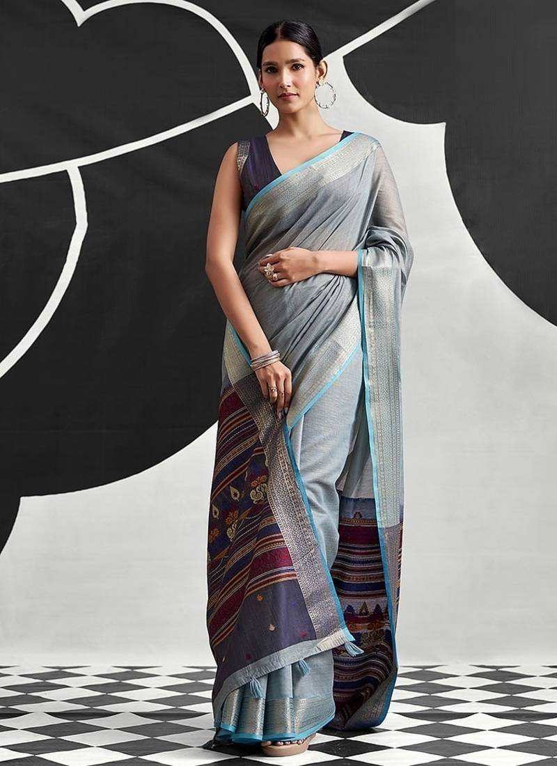 powder blue cotton blend woven pallu casul wear saree