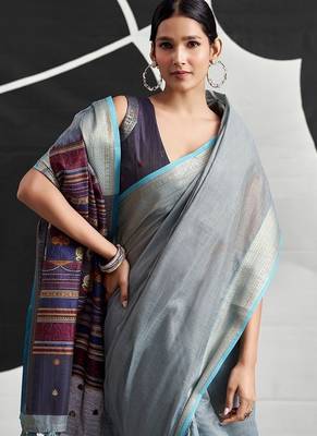 powder blue cotton blend woven pallu casul wear saree 4