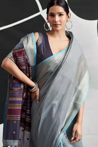 powder blue cotton blend woven pallu casul wear saree