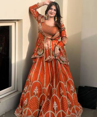 orange silk blend embroidered traditional lehenga choli upto 44 1