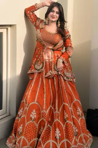 orange silk blend embroidered traditional lehenga choli upto 44