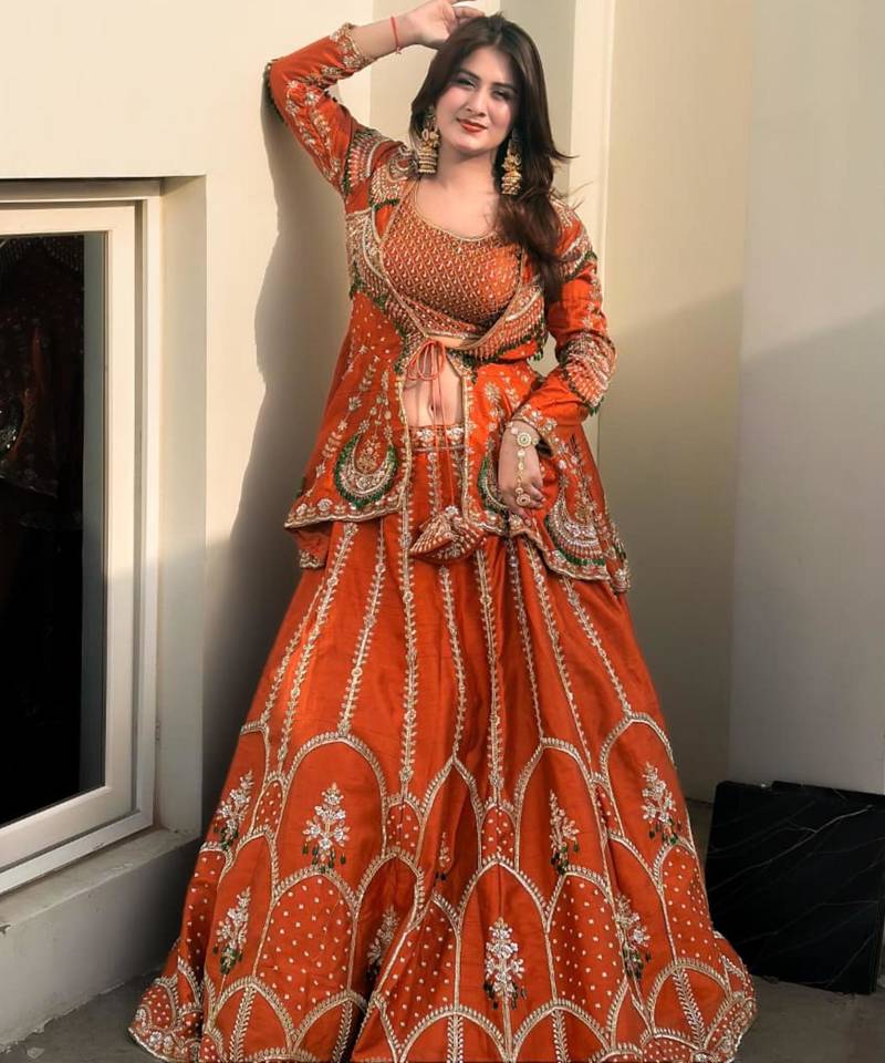 orange silk blend embroidered traditional lehenga choli upto 44