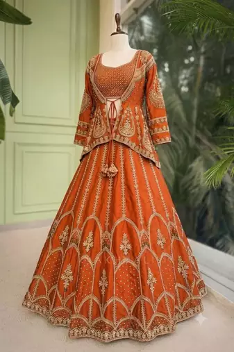 orange silk blend embroidered traditional lehenga choli upto 44