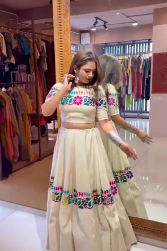 off white cotton poly embroidered traditional lehenga choli upto 44