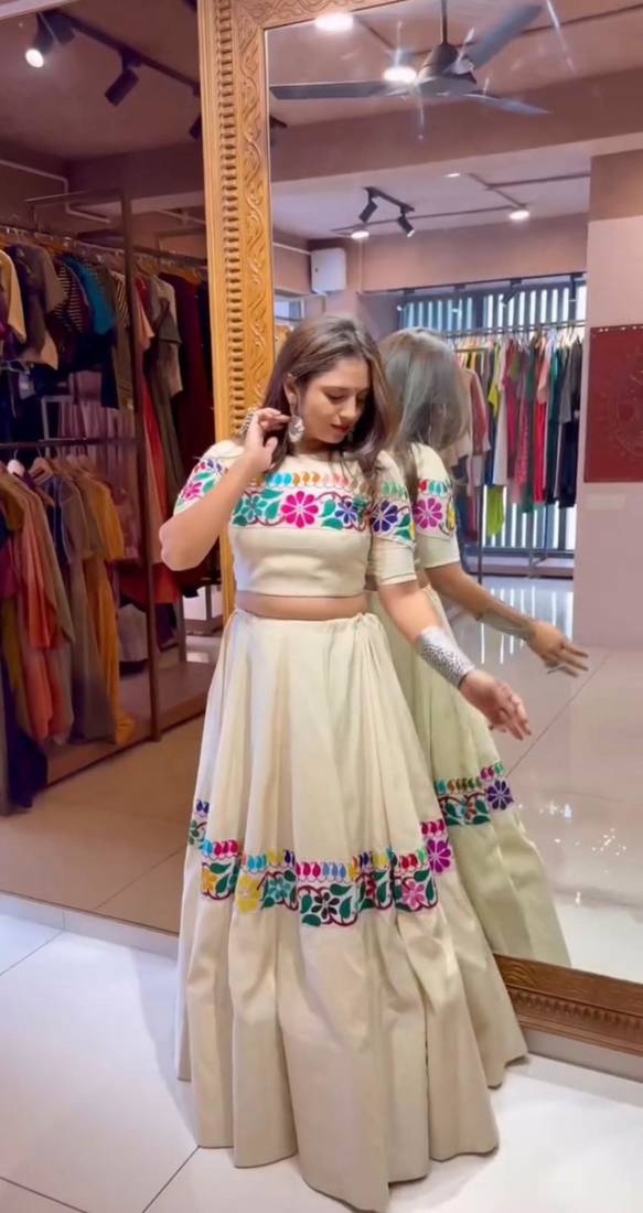off white cotton poly embroidered traditional lehenga choli upto 44
