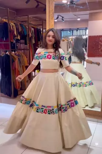 off white cotton poly embroidered traditional lehenga choli upto 44