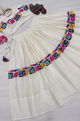 off white cotton poly embroidered traditional lehenga choli upto 44