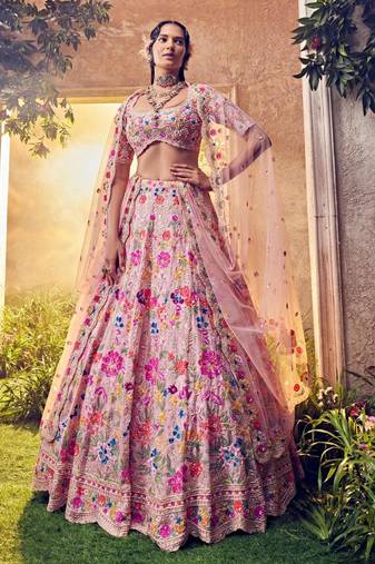 pink faux georgette embroidered traditional lehenga choli