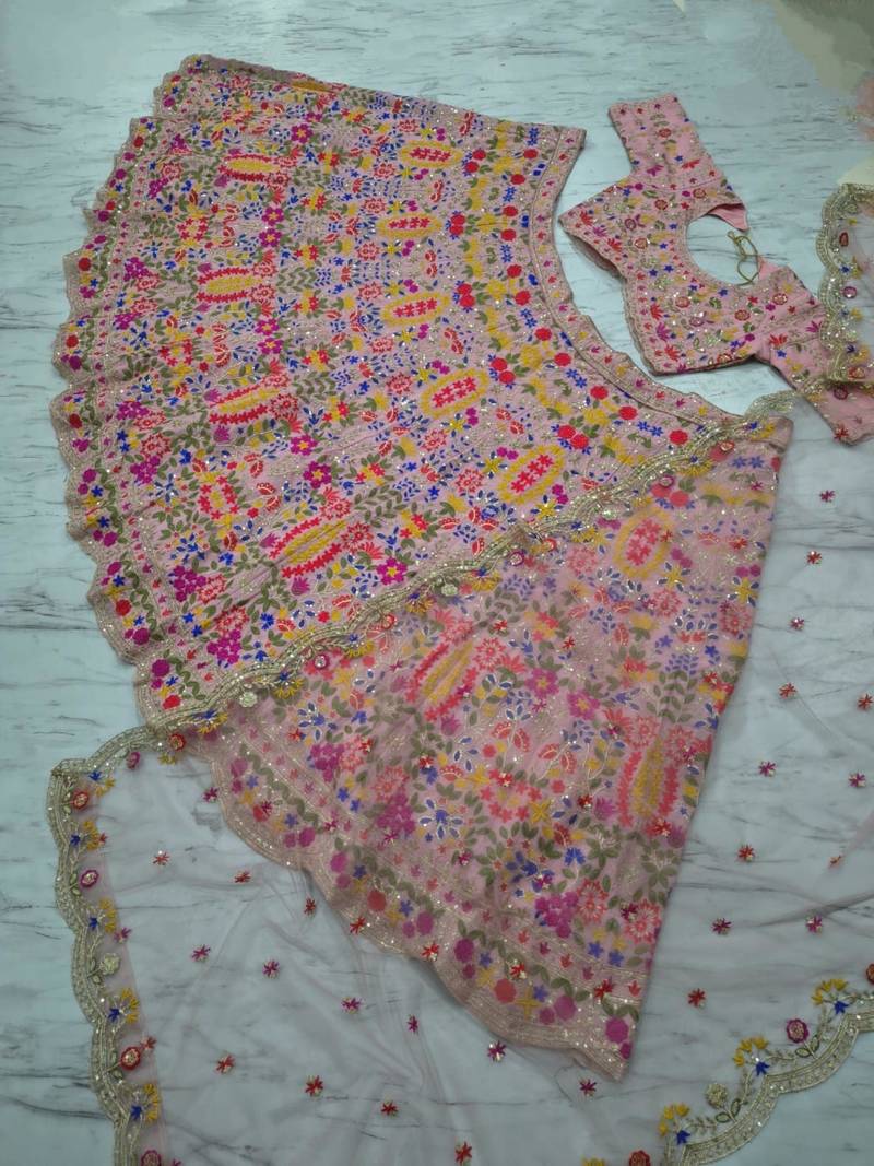 pink faux georgette embroidered traditional lehenga choli