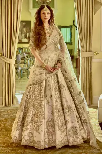 beige silk blend embroidered traditional lehenga choli