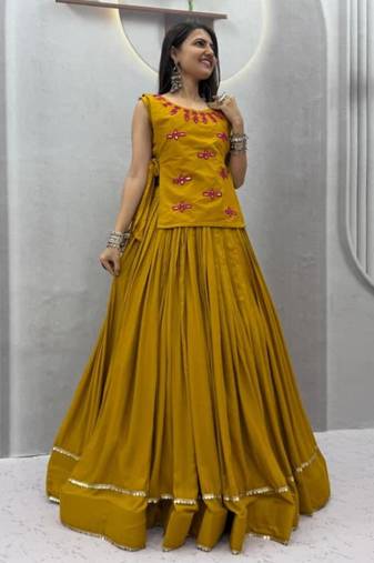 dark yellow cotton poly plain traditional lehenga choli upto 44