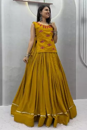 dark yellow cotton poly plain traditional lehenga choli upto 44