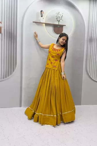 dark yellow cotton poly plain traditional lehenga choli upto 44