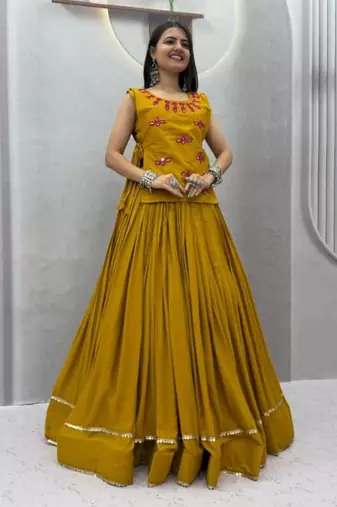 dark yellow cotton poly plain traditional lehenga choli upto 44