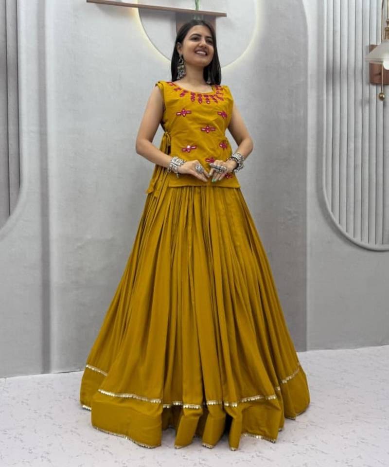 dark yellow cotton poly plain traditional lehenga choli upto 44