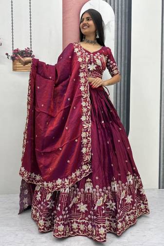 wine silk blend embroidered traditional lehenga choli upto 44