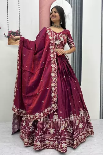 wine silk blend embroidered traditional lehenga choli upto 44