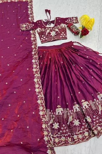 wine silk blend embroidered traditional lehenga choli upto 44