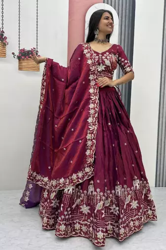 wine silk blend embroidered traditional lehenga choli upto 44