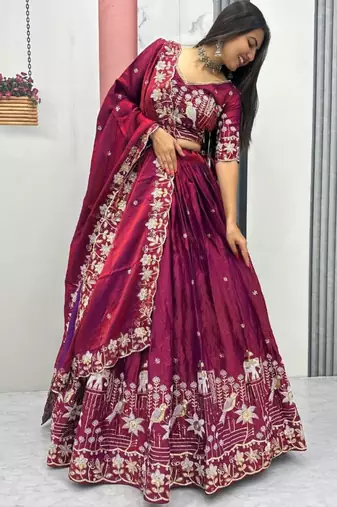 wine silk blend embroidered traditional lehenga choli upto 44