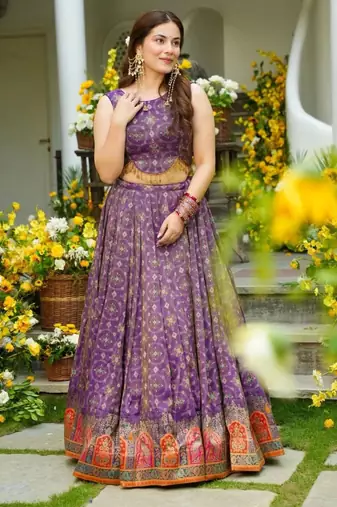 purple silk blend printed traditional lehenga choli upto 42
