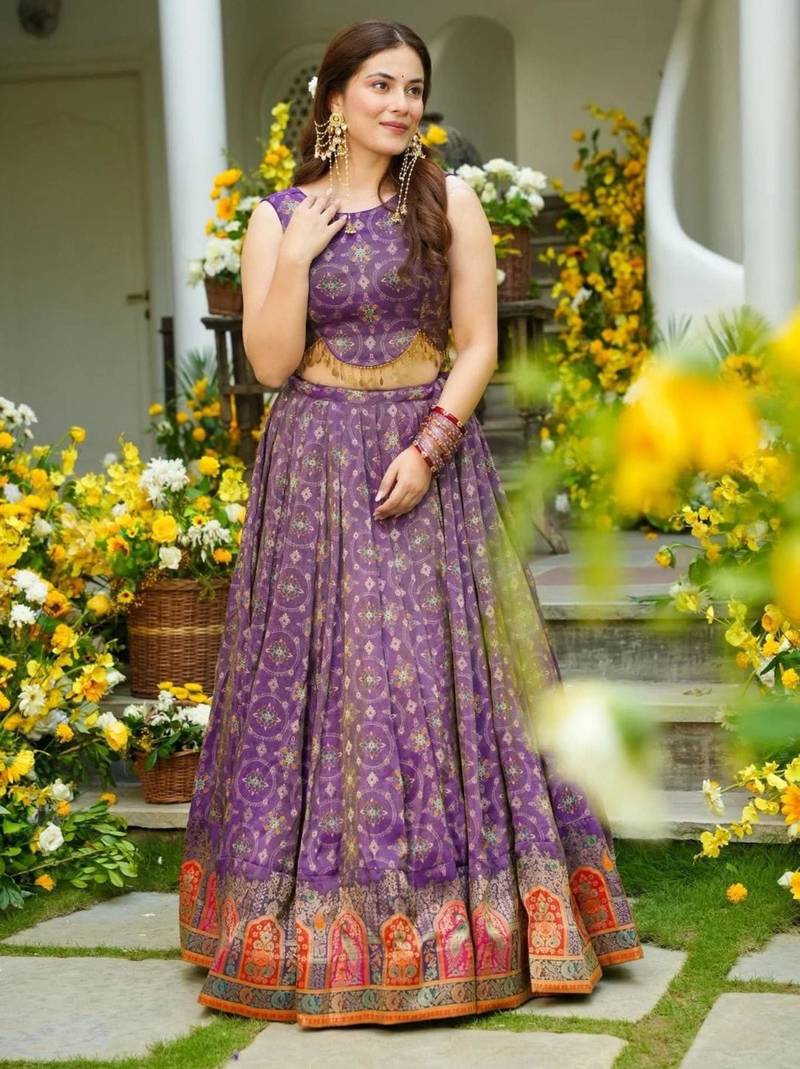 purple silk blend printed traditional lehenga choli upto 42