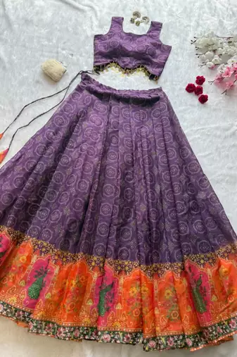 purple silk blend printed traditional lehenga choli upto 42