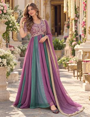 Purple&teal silk blend readymade anarkali suit with embroidery & beads work 1