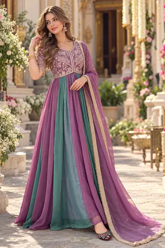 Purple&teal silk blend readymade anarkali suit with embroidery & beads work