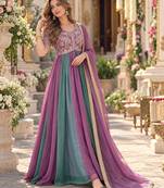 Purple&teal silk blend readymade anarkali suit with embroidery & beads work