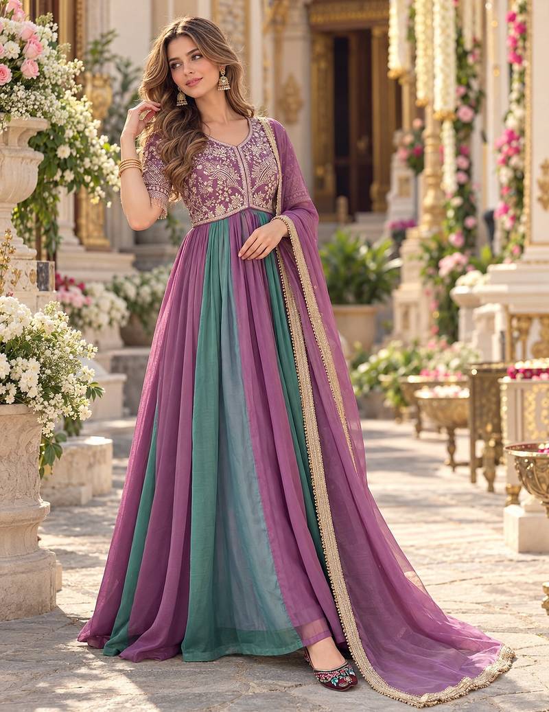 Purple&teal silk blend readymade anarkali suit with embroidery & beads work