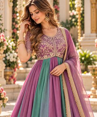 Purple&teal silk blend readymade anarkali suit with embroidery & beads work 2