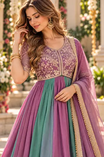 Purple&teal silk blend readymade anarkali suit with embroidery & beads work