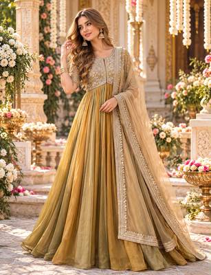 Mustard silk blend readymade anarkali suit with embroidery & beads work 1