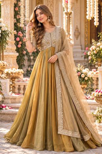 Mustard silk blend readymade anarkali suit with embroidery & beads work