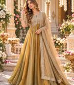 Mustard silk blend readymade anarkali suit with embroidery & beads work