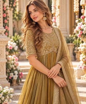 Mustard silk blend readymade anarkali suit with embroidery & beads work 2