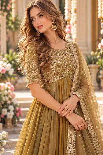 Mustard silk blend readymade anarkali suit with embroidery & beads work