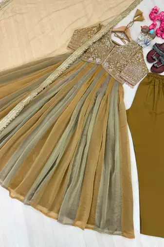 Mustard silk blend readymade anarkali suit with embroidery & beads work