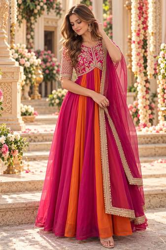 Rani&rust silk blend readymade anarkali suit with embroidery & beads work