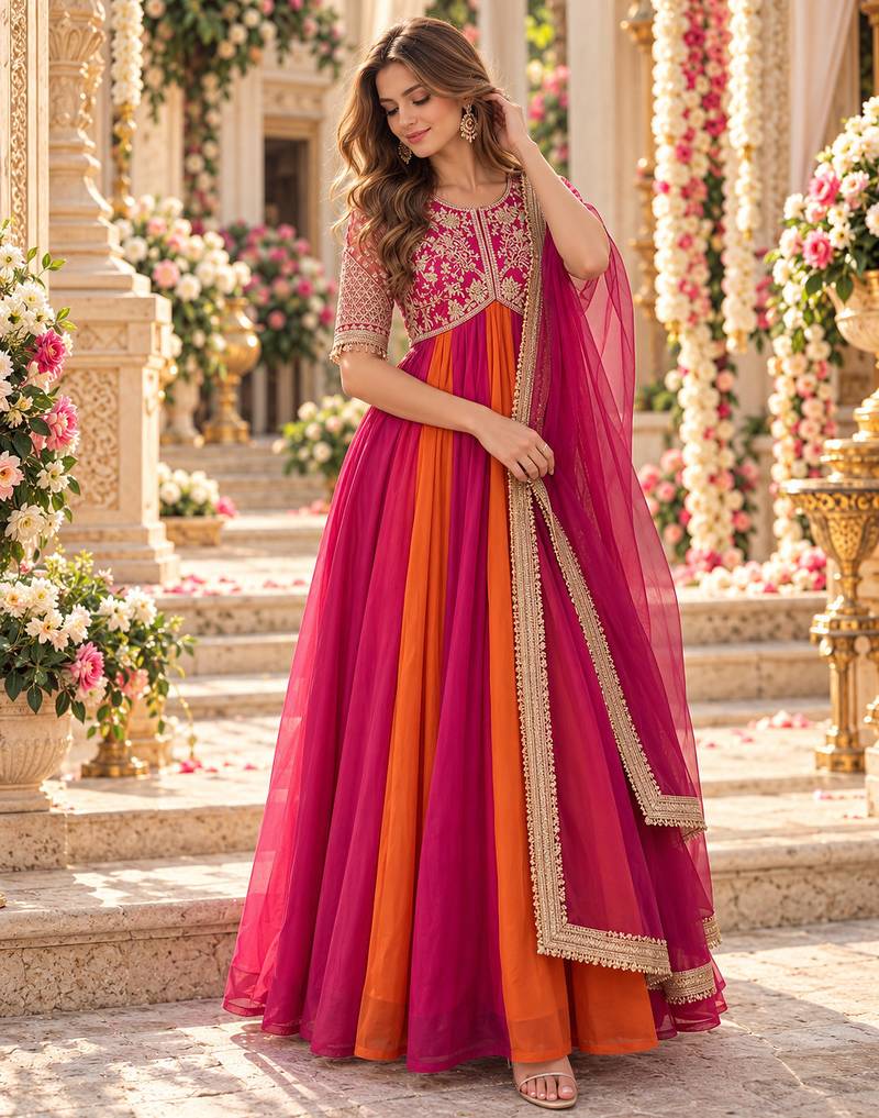 Rani&rust silk blend readymade anarkali suit with embroidery & beads work