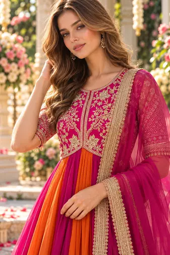 Rani&rust silk blend readymade anarkali suit with embroidery & beads work