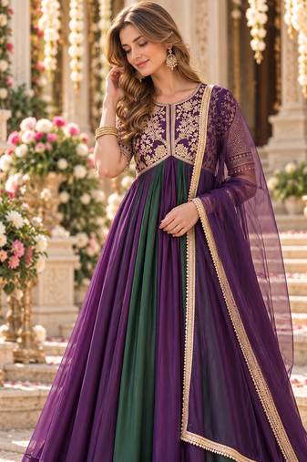 Violet&green silk blend readymade anarkali suit with embroidery & beads work
