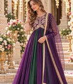 Violet&green silk blend readymade anarkali suit with embroidery & beads work