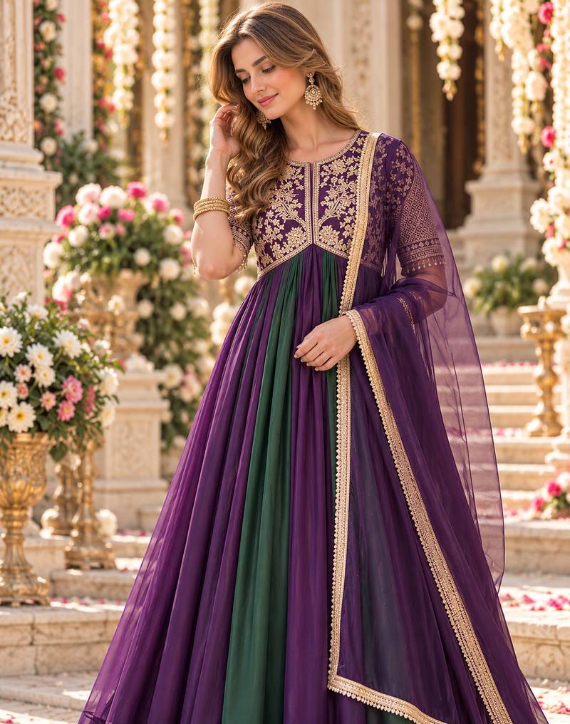 Violet&green silk blend readymade anarkali suit with embroidery & beads work