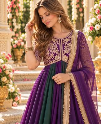 Violet&green silk blend readymade anarkali suit with embroidery & beads work 2