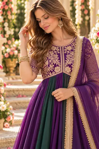 Violet&green silk blend readymade anarkali suit with embroidery & beads work