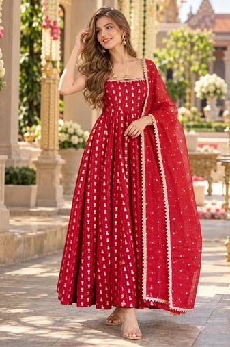 Maroon chinon readymade anarkali suit with embroidery & sequence work