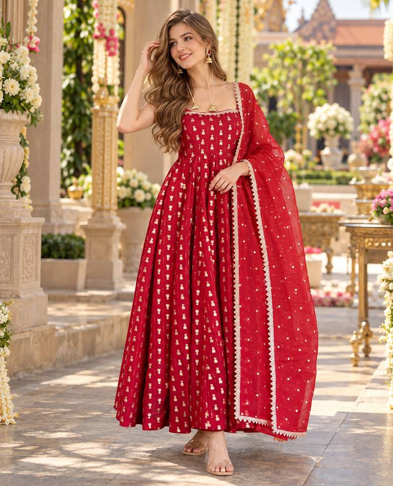 Maroon chinon readymade anarkali suit with embroidery & sequence work