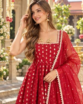 Maroon chinon readymade anarkali suit with embroidery & sequence work 2
